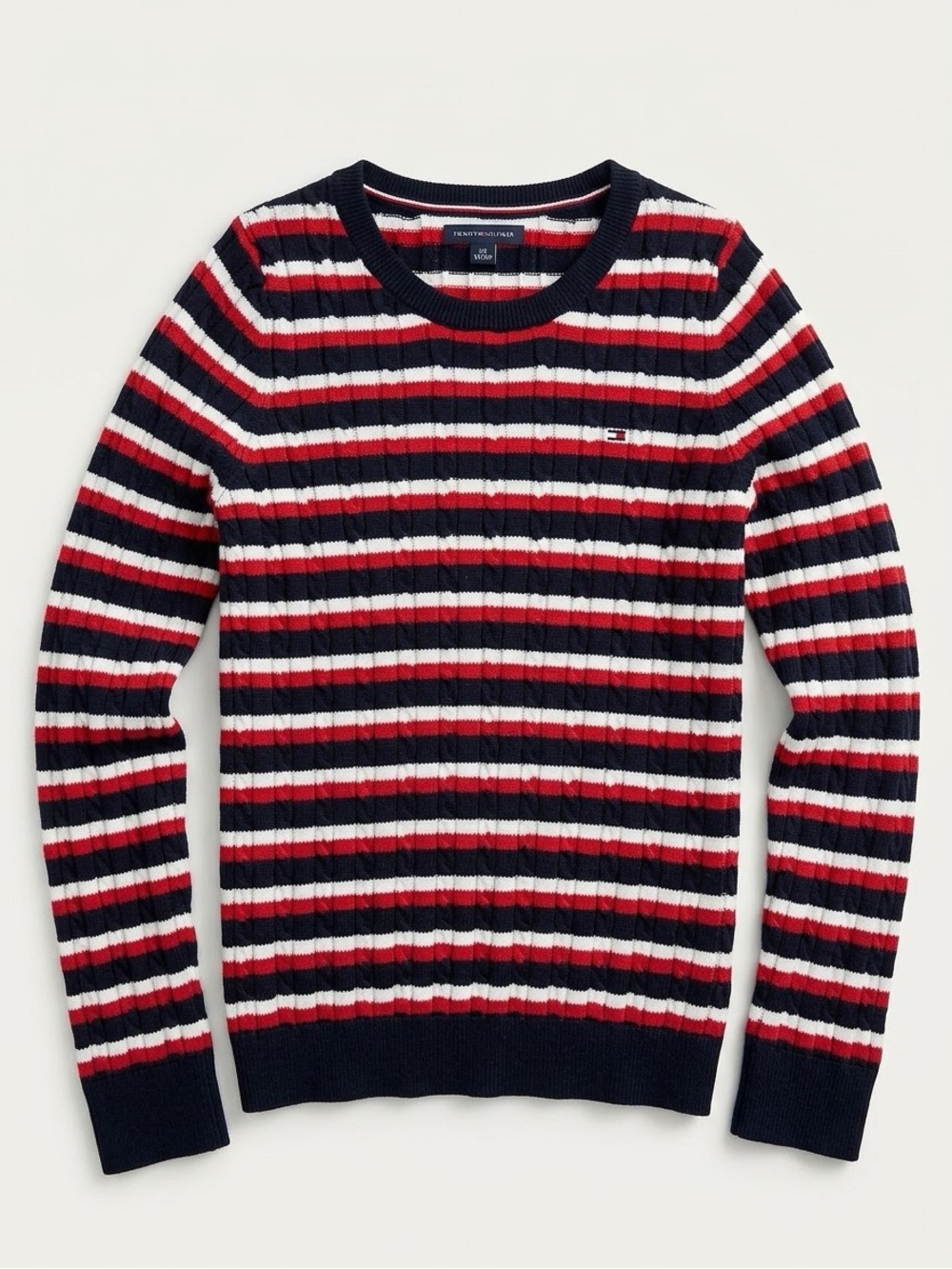 Tommy Hilfiger Striped Cable Knit Sweater XS Navy Red White Cotton Preppy
